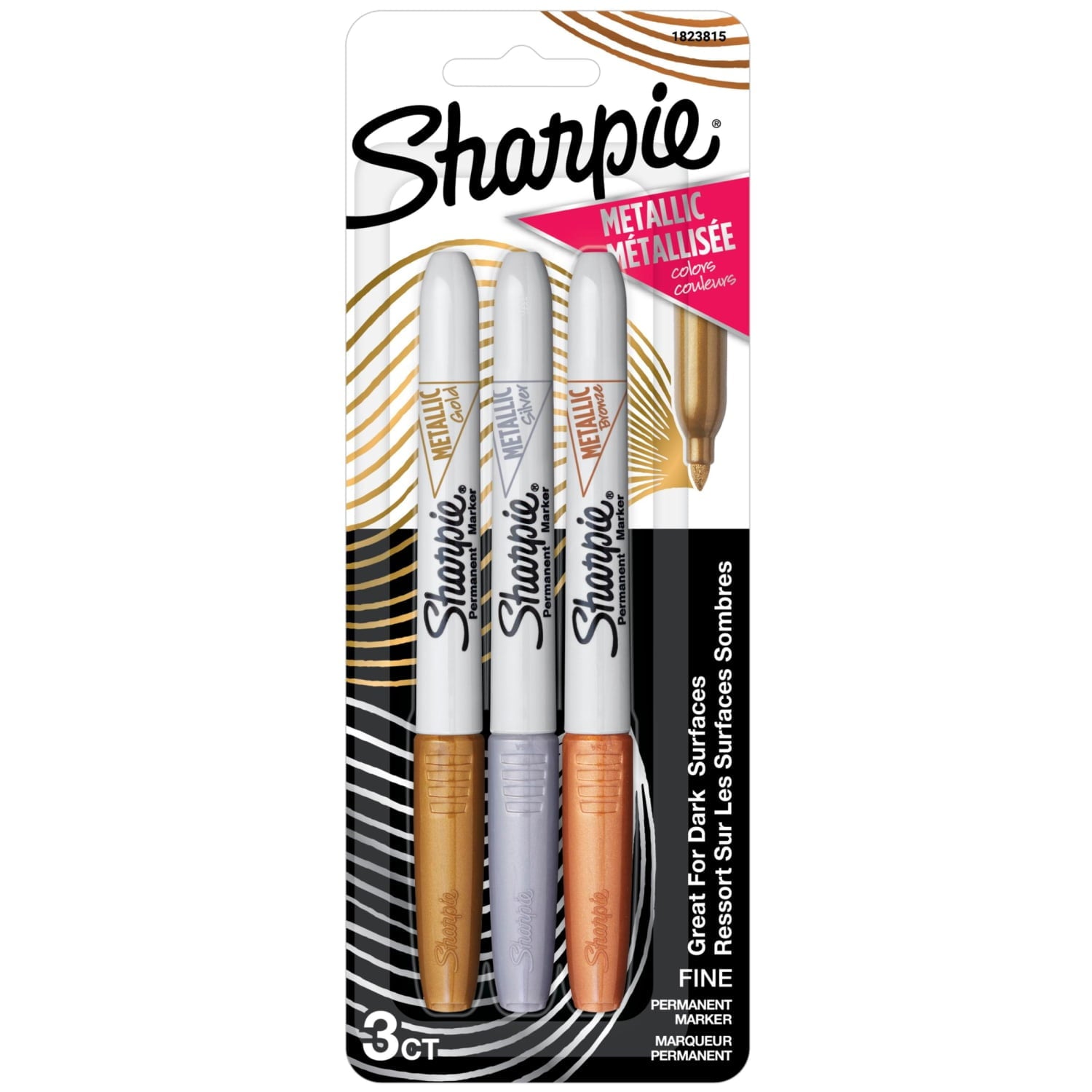 Metallic Permanent Markers, Fine Point, Assorted Metallic, 3 Count