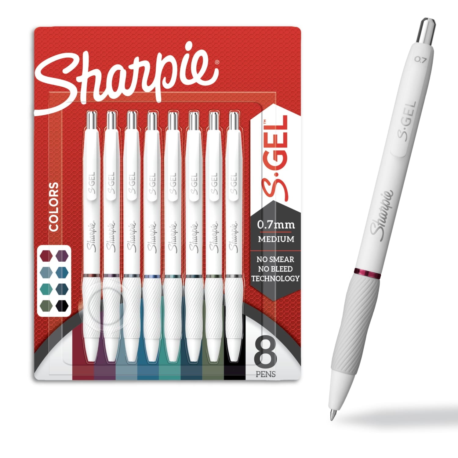 S-Gel Pens, Fashion Barrel Gel Pens, Pearl White Body, Medium (0.7mm) Point, Bold Ink Colors, 8 Count