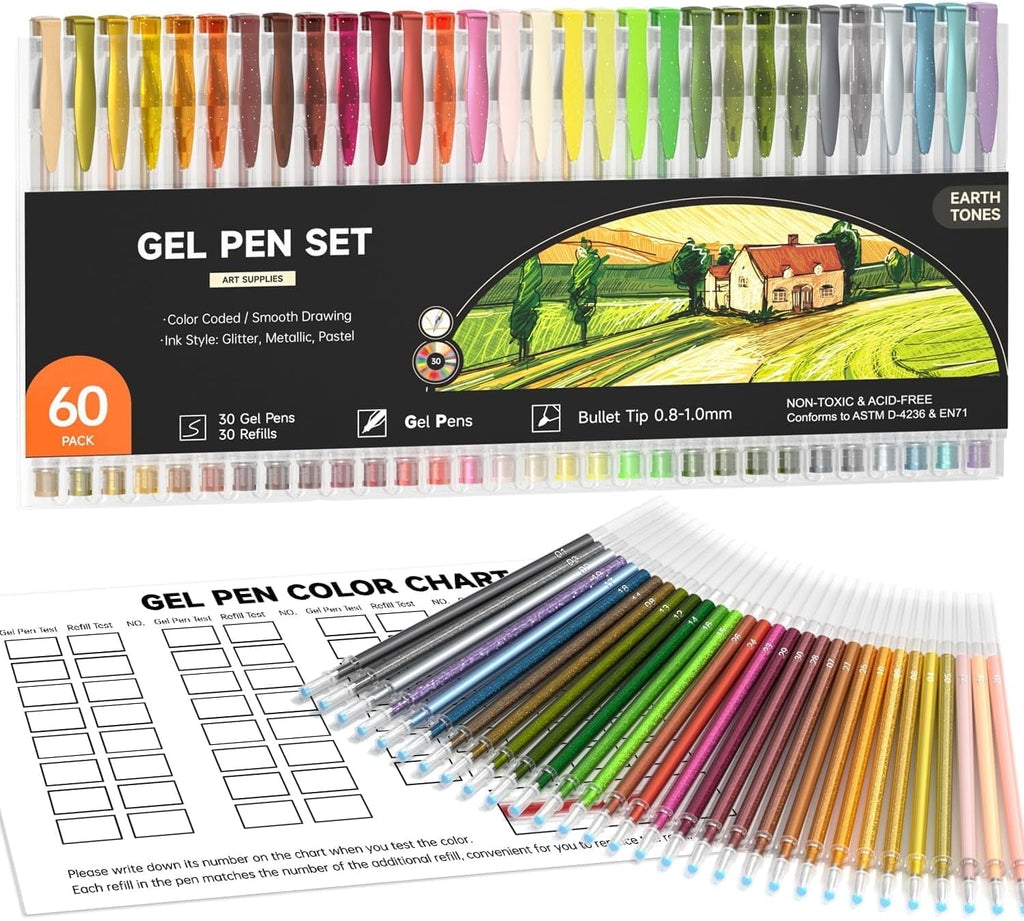 Shuttle Art 60 Pack Earth Tone Gel Pens, 30 Brown Earth Tone Gel Pens with 30 Refills for Adults Coloring Books Journaling Drawing Nature, L