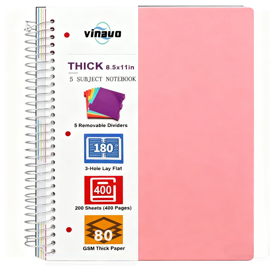 Spiral Notebook 8.5" x 11", 5 Subject Notebooks College Ruled with Removable Dividers, 400 Pages Thick Spiral Writing...