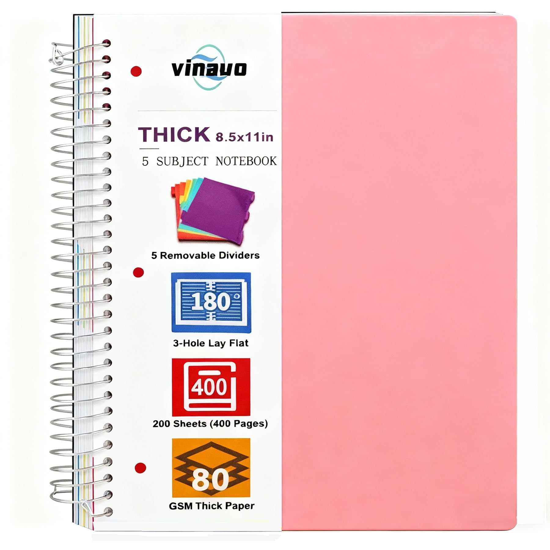 Spiral Notebook 8.5" x 11", 5 Subject Notebooks College Ruled with Removable Dividers, 400 Pages Thick Spiral Writing...