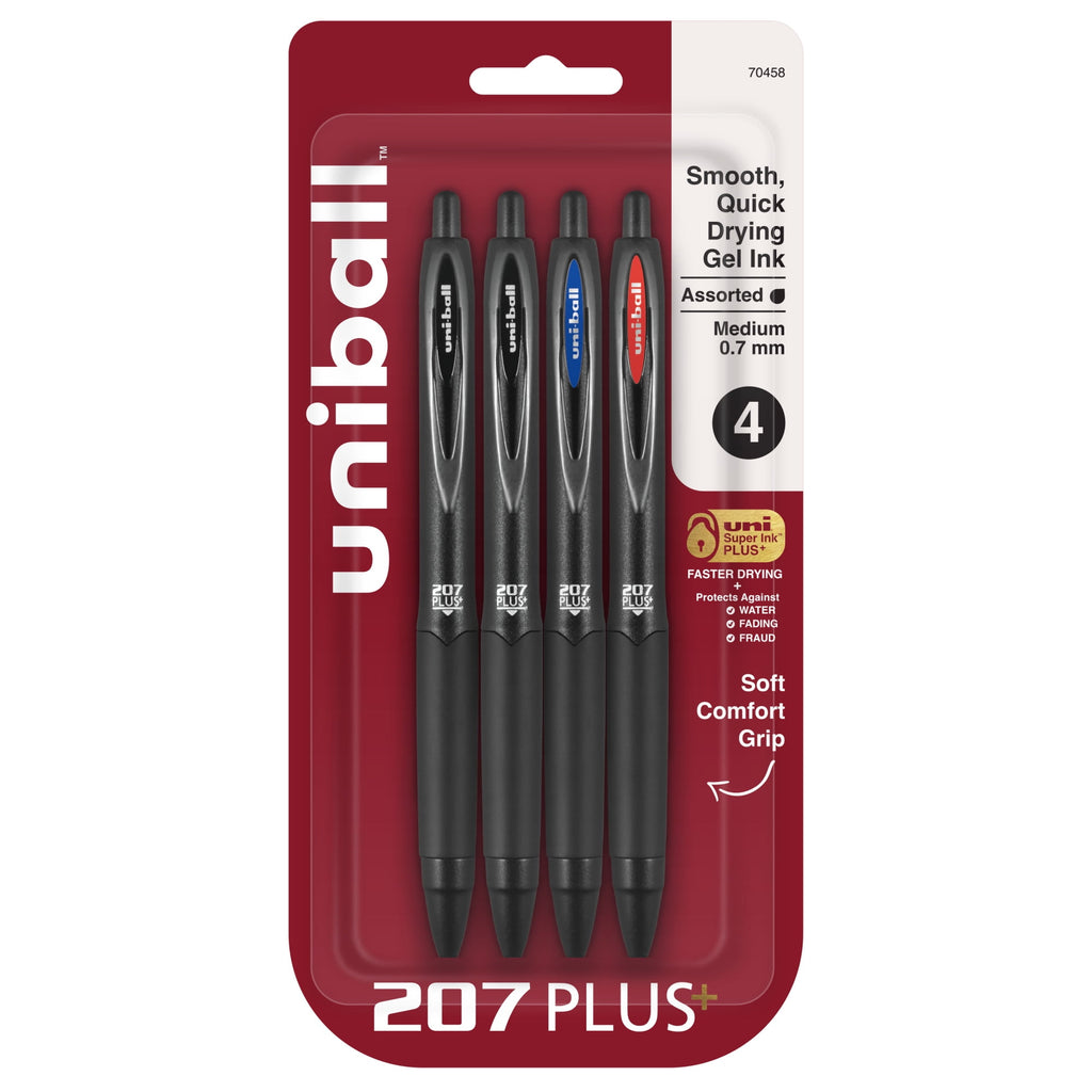 207 Plus+ Retractable Gel Pens, Medium Point (0.7mm), Assorted Ink, 4 Count