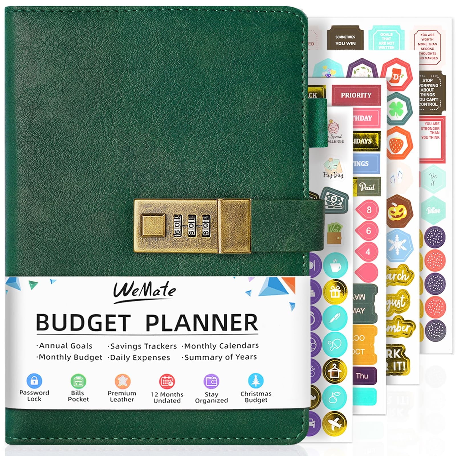 WEMATE Budget Planner - Monthly Budget Book with Lock, Undated Expense Tracker Notebook,Dark Green