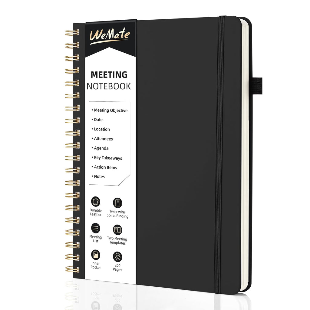 Wide Rule Spiral Notebook, Black Notebook, PU Leather Hardcover Notebook, 200 Pages, B5 (10" × 7")