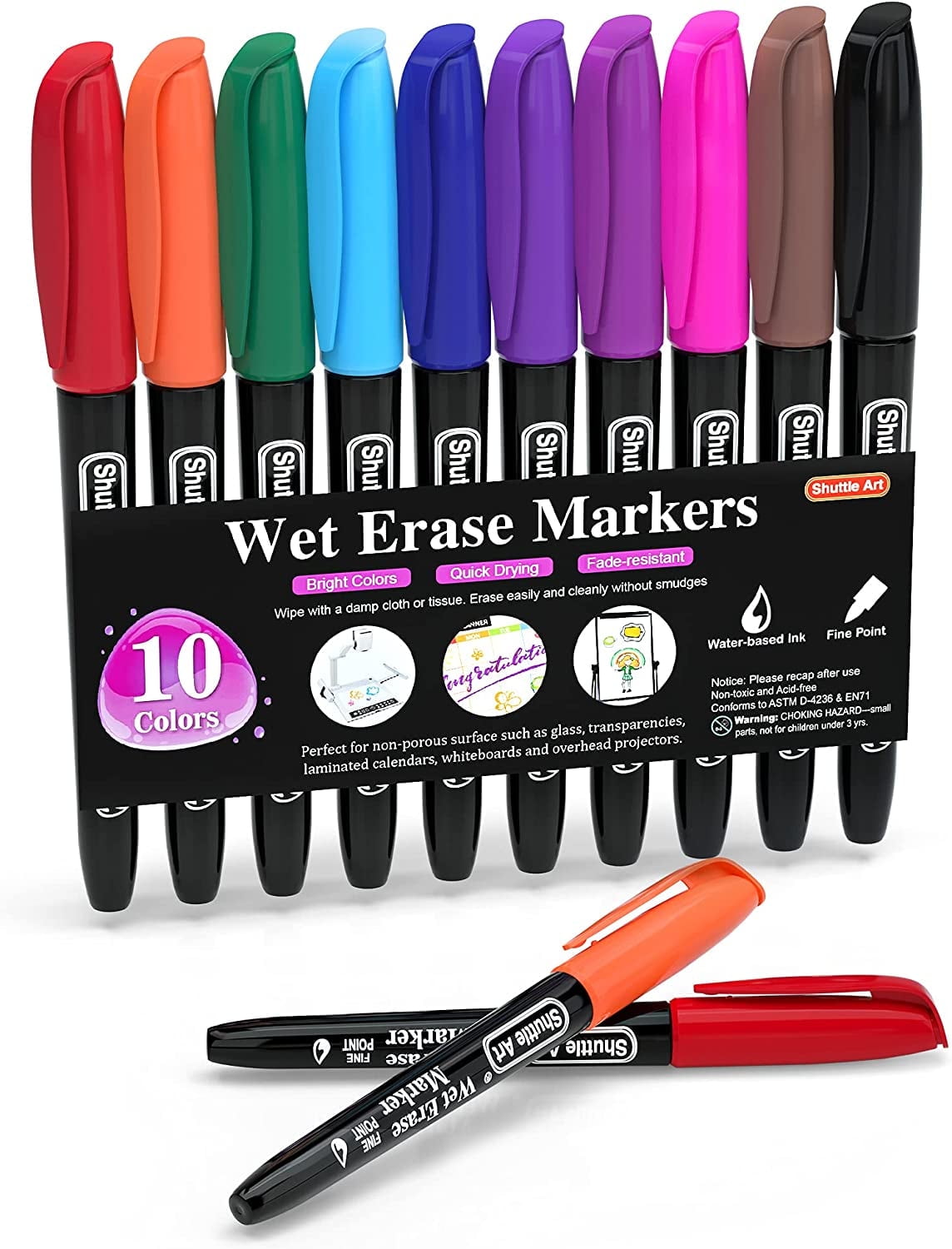 Wet Erase Markers, 10 Colors 1mm Fine Tip Smudge-Free Markers, Use on Laminated Calendars, Overhead Projectors, Sched...