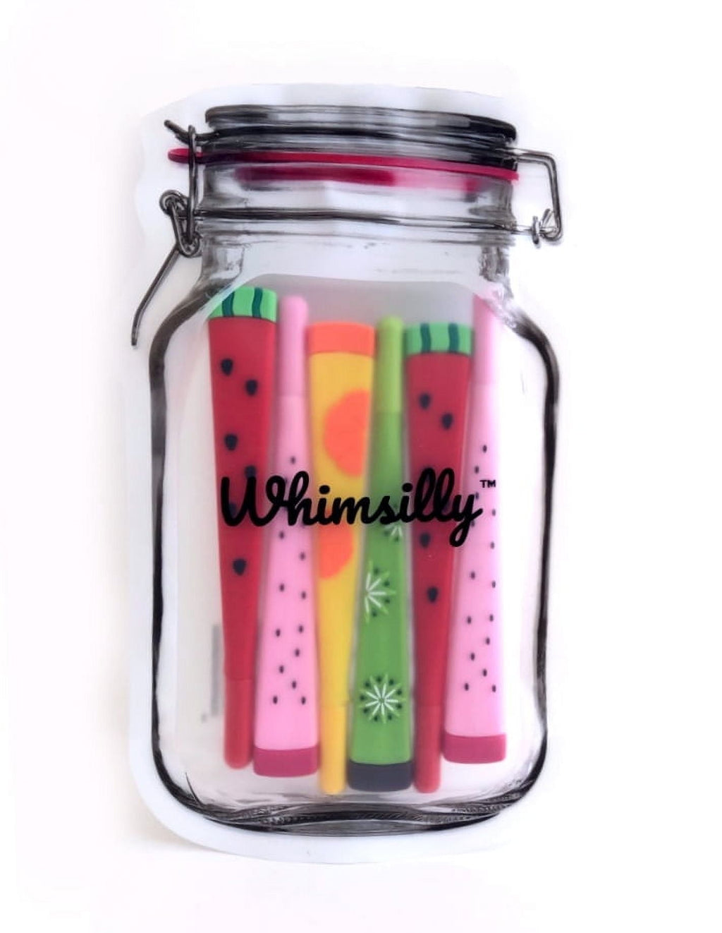 Set of 6 Fruit Shaped Pens in Mason Jar Pouch, Fine Tip Ink Gel Pen Set, Whimsical Stationary for Gifts, Office