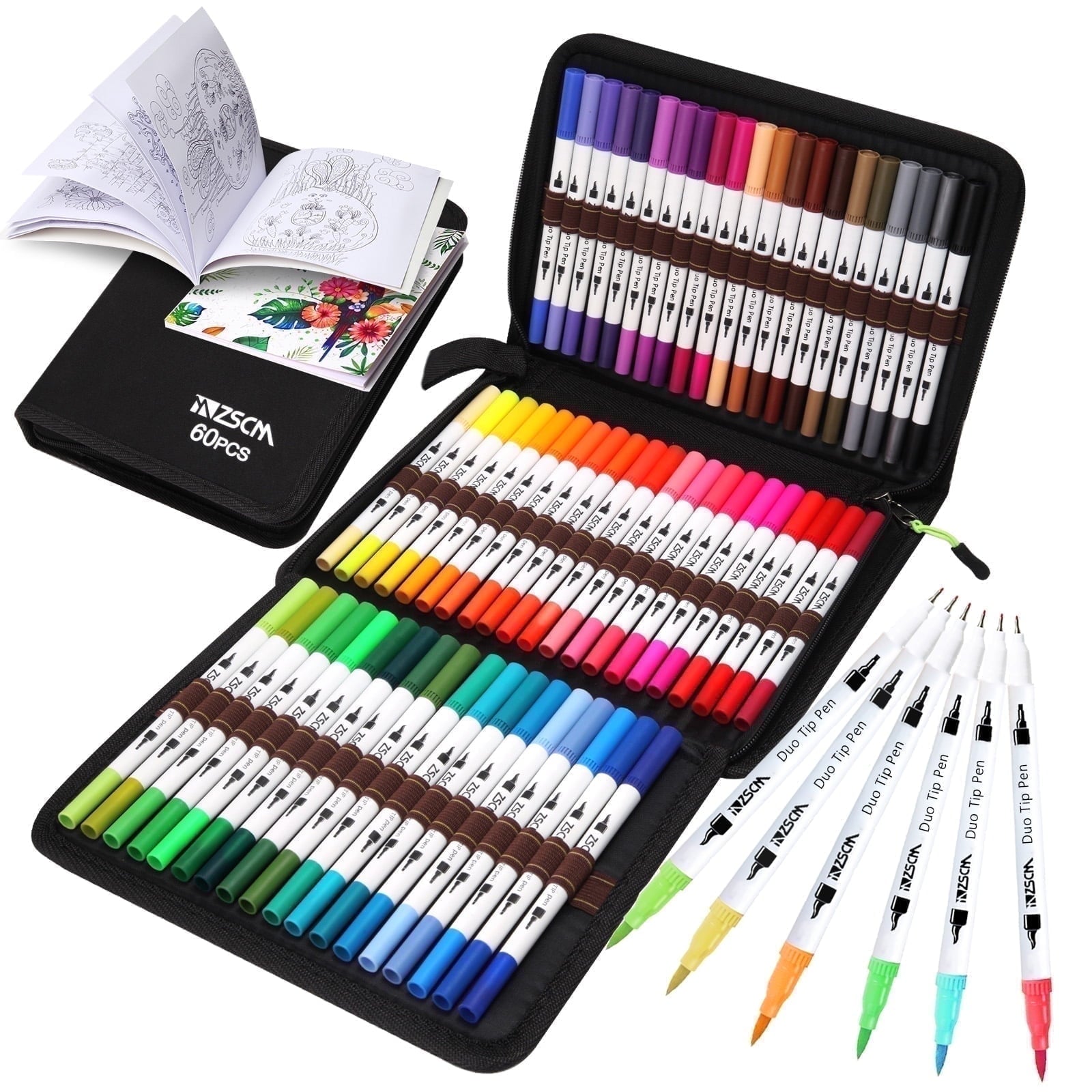 ZSCM 60 Colors Markers for Adult Coloring Books No Bleeding-Duo Tip Art Markers, Fine and Brush Coloring Marker for Adult Calligraphy, Journ