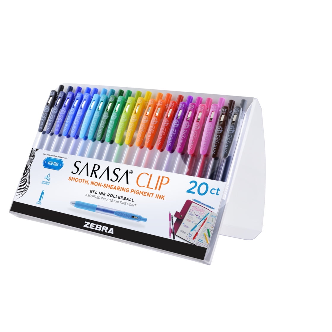 Sarasa Clip Retractable Gel Ink Pens, Fine Point 0.5mm, Assorted colors, 20-Pack