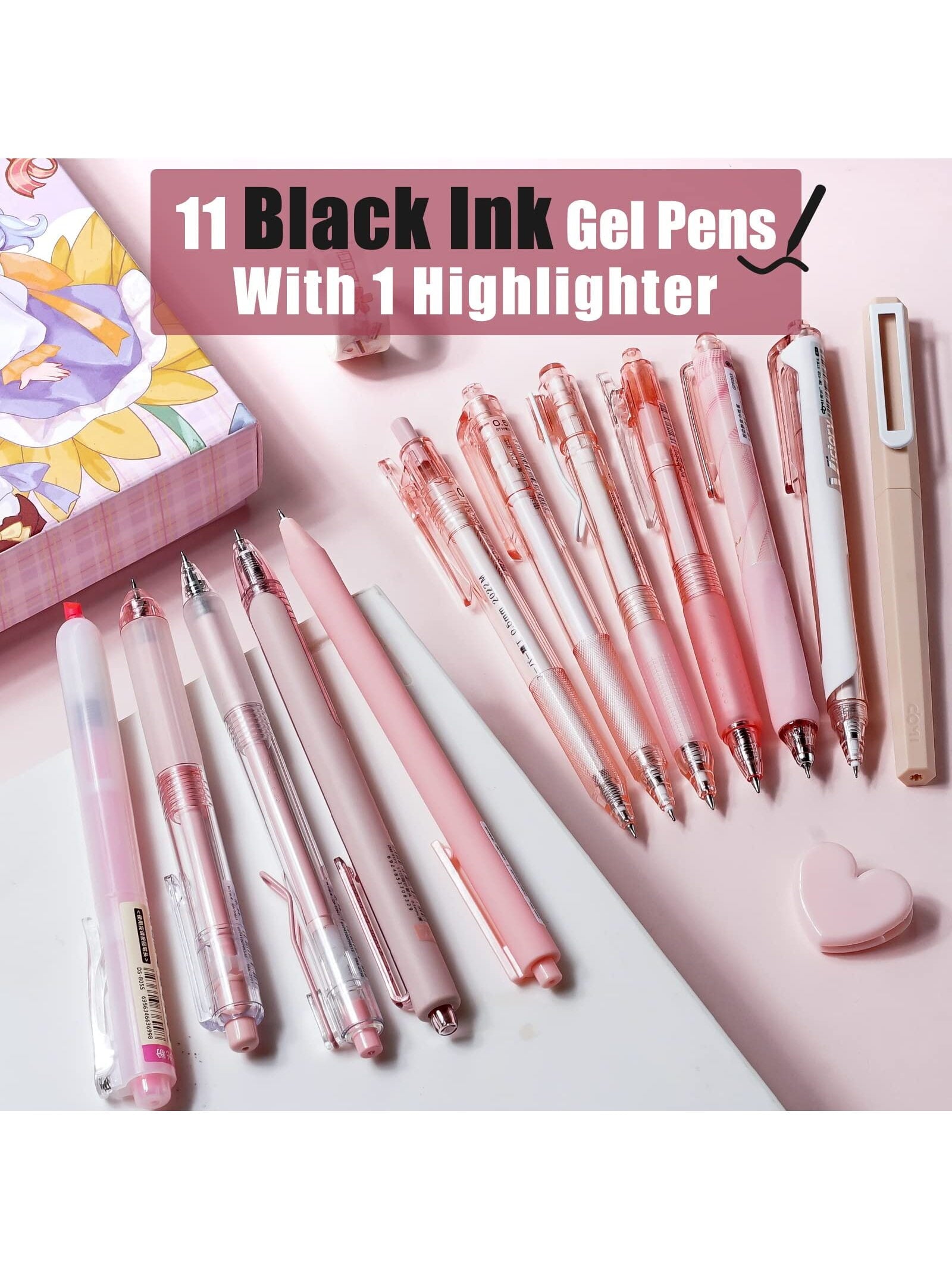 Retractable Pink Pen Set, 11Pcs Black Ink Gel Pens(0.5mm), 1Pcs Pink Highlighter, 0.5mm Fine Point for Journaling, Wr... - Image 3