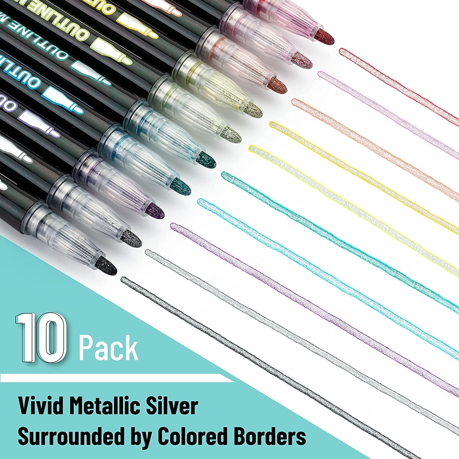 Double Line Outline Markers, 10 Colors, Shimmer Markers, Outline Markers Self-Outline Metallic Markers for All Ages - Image 3