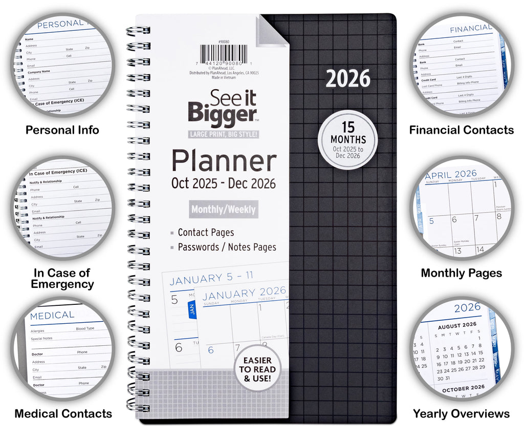 See it Bigger Monthly Weekly Planner Medium (5.5" X 8.75") Black, 15-Month, Oct 2025-Dec 2026 - Image 2