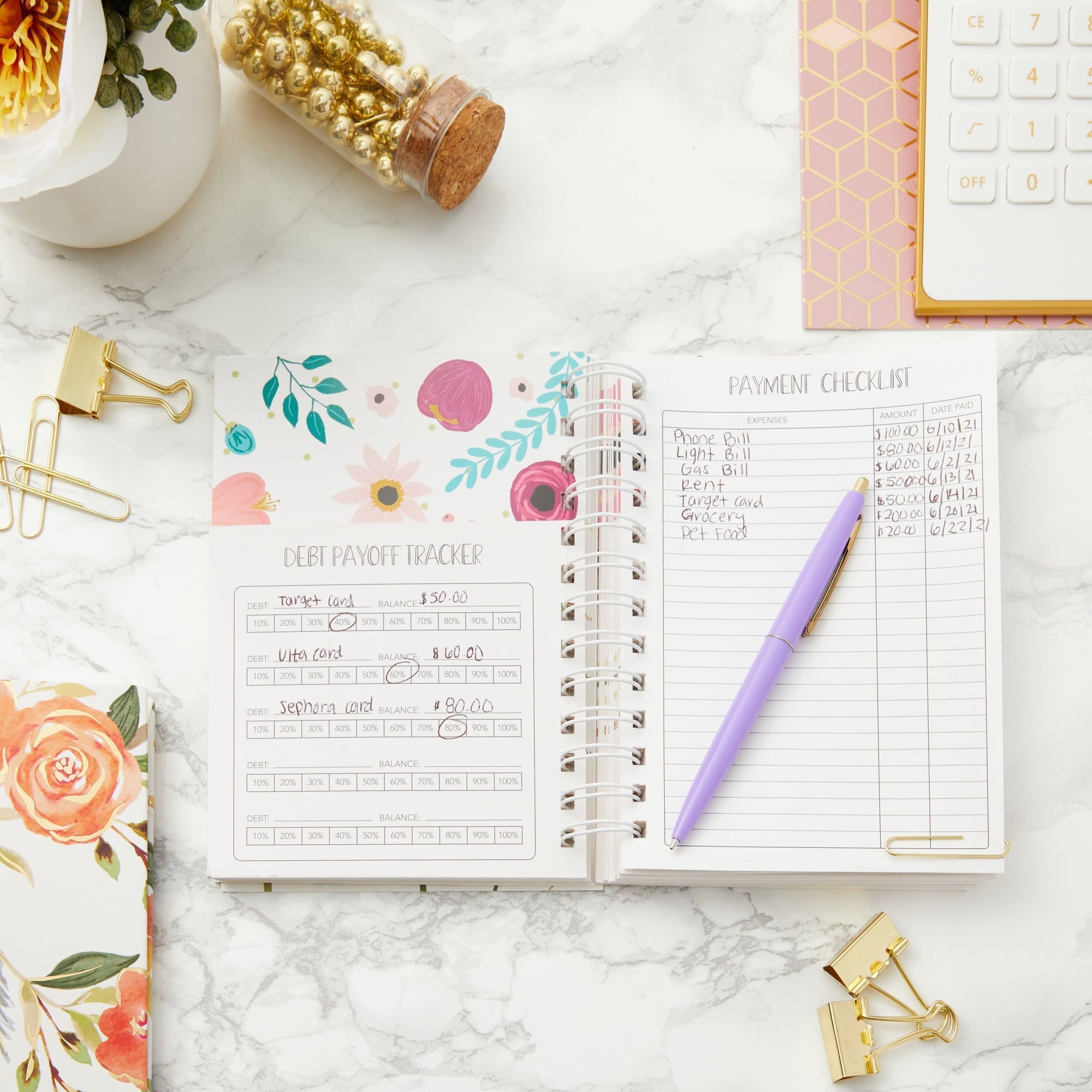 Floral Monthly Budget Planner, Bill Organizer with 24 Pockets, Debt Payoff Tracker, Payment Checklist (5 x 7 In) - Image 2