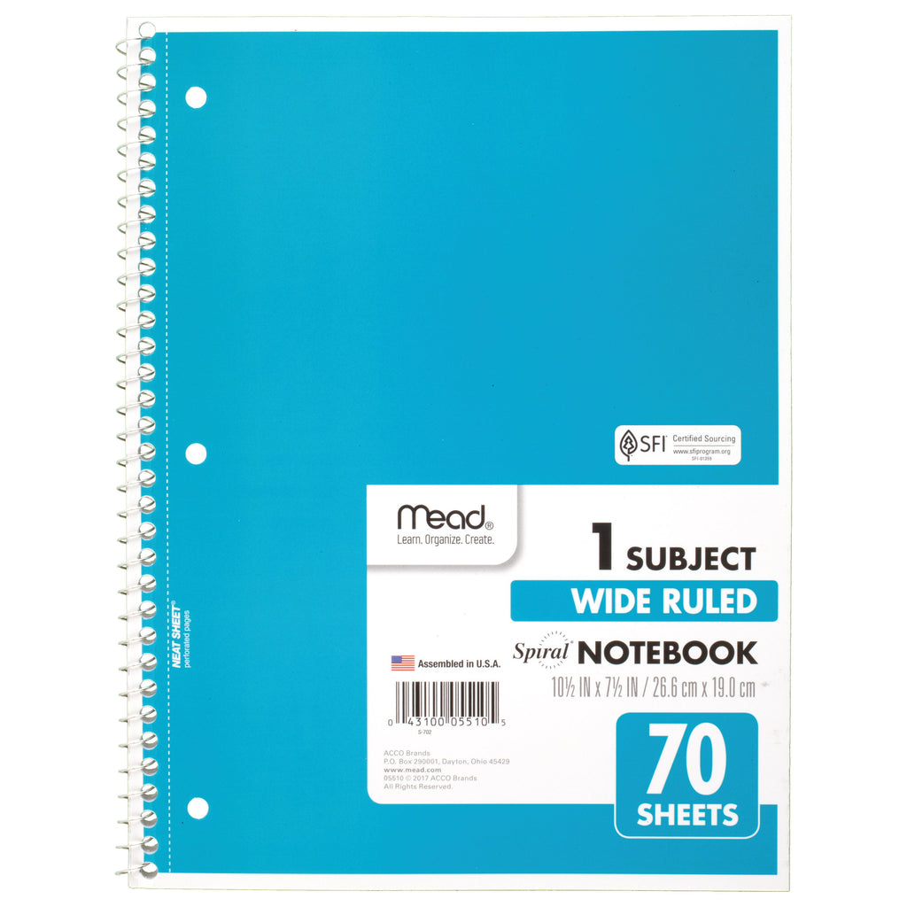 Spiral Notebook, 1 Subject, Wide Ruled, 70 Sheets, Assorted (05510) - Image 3