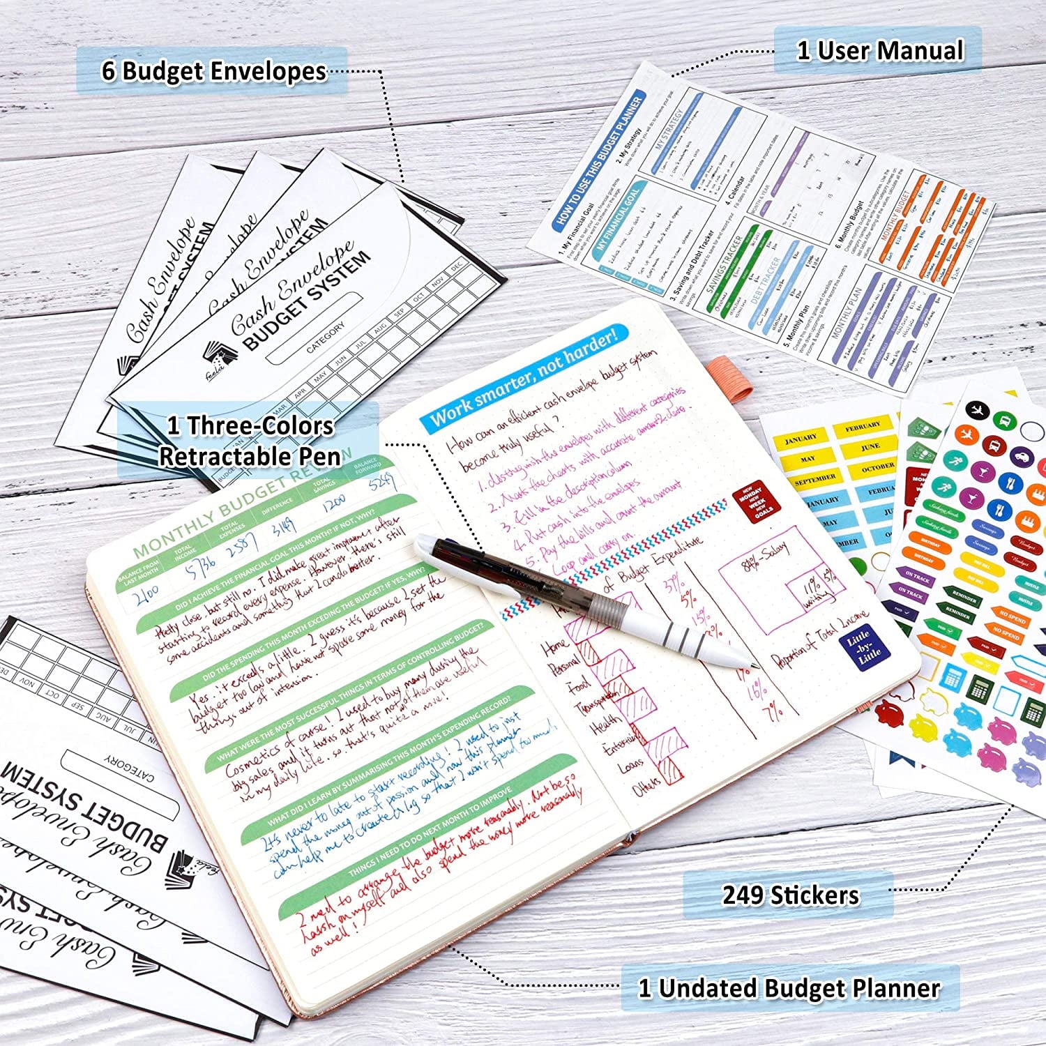 Budget Planner, 2025 Monthly Undated Bill Organizer Hardcover Financial Journal, Feela Money Expense Tracker with Budget Envelopes, Stickers - Image 2