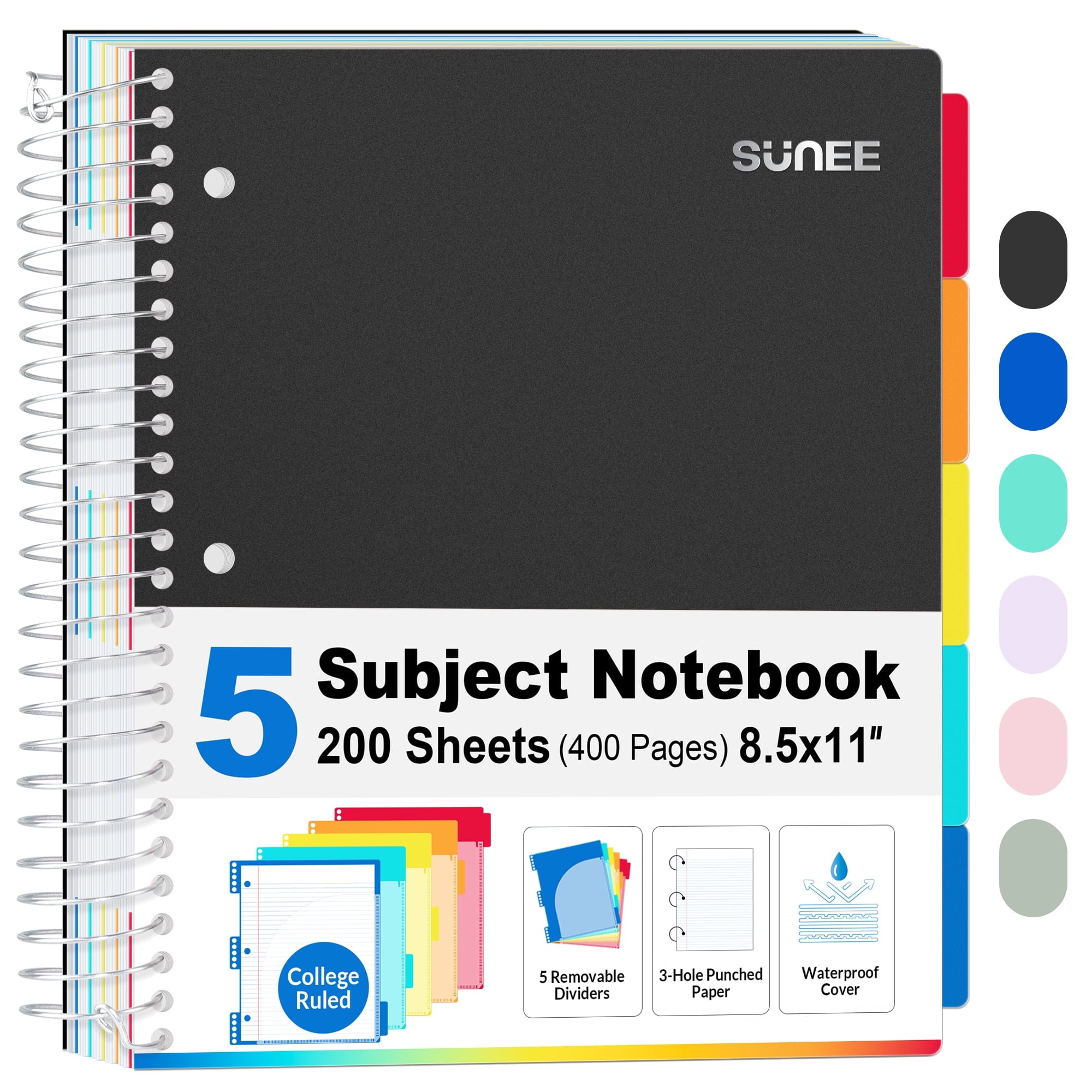 5 Subject College Ruled Spiral Notebook, 400 Pages, 8.5 x 11 Inches, Black - Image 2