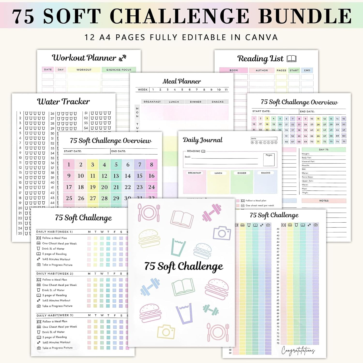 75-Day Soft Challenge Planner Notebook, 75 Easy Target Tracker Journal – Editable Spiral Organizer Notepad with Weekl... - Image 2