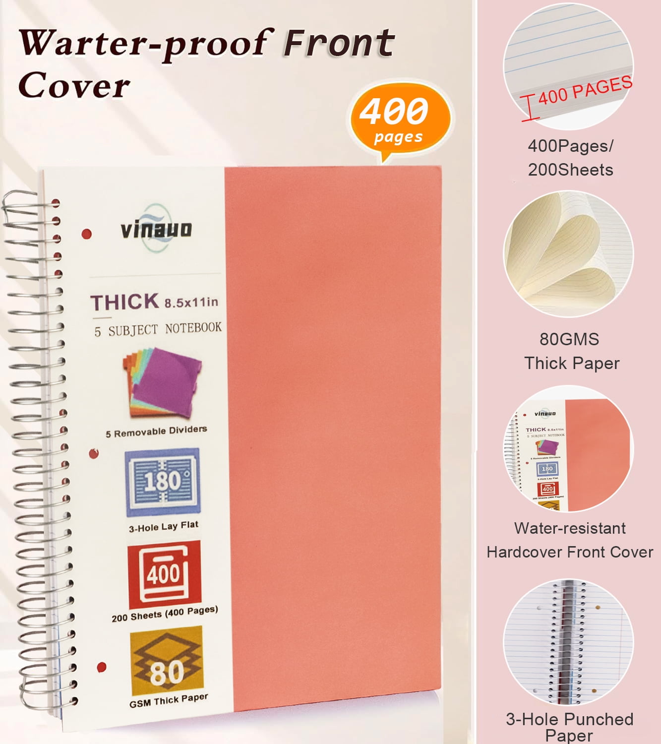 Spiral Notebook 8.5" x 11", 5 Subject Notebooks College Ruled with Removable Dividers, 400 Pages Thick Spiral Writing... - Image 2
