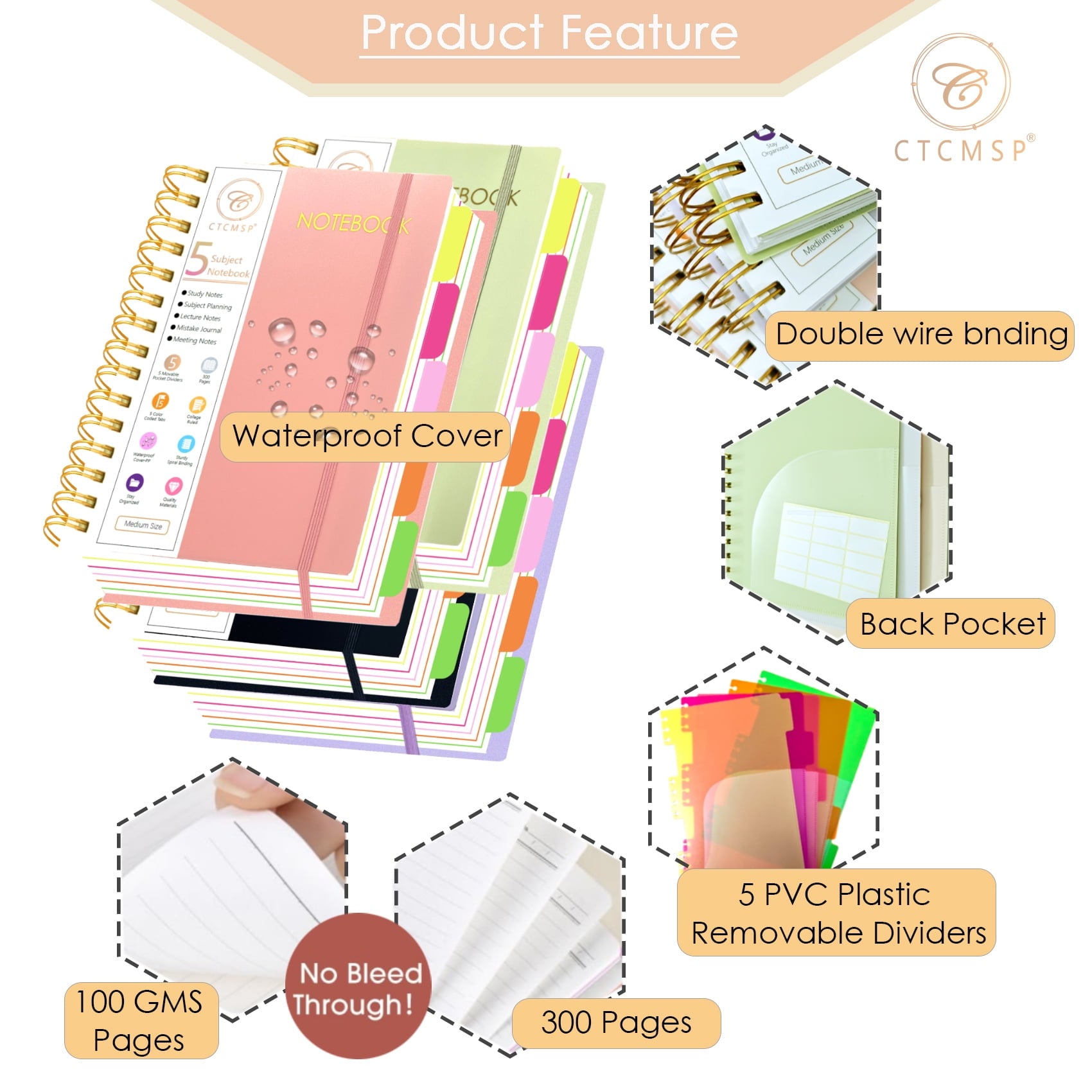 5 Subject Spiral Notebook with Removable Dividers Tabs Hardcover Notebook Journal for Women Men,Perfect for Academic Supplies,College Ruled, - Image 6