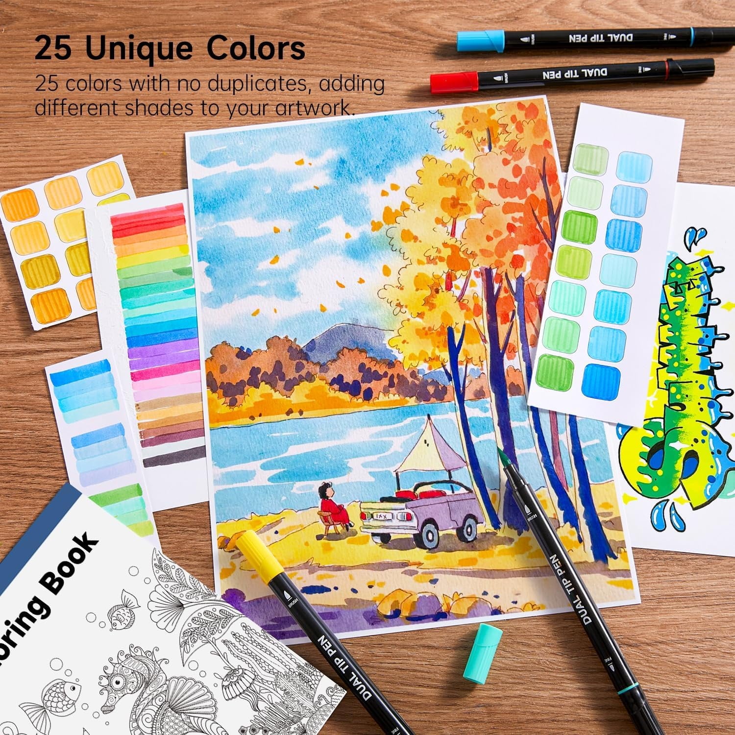 Dual Tip Brush Marker Pens, Shuttle Art 25 Colors Water-based Ink, Fine and Brush Tip Marker Set with 1 Coloring Book for Adult Artist Calli - Image 3