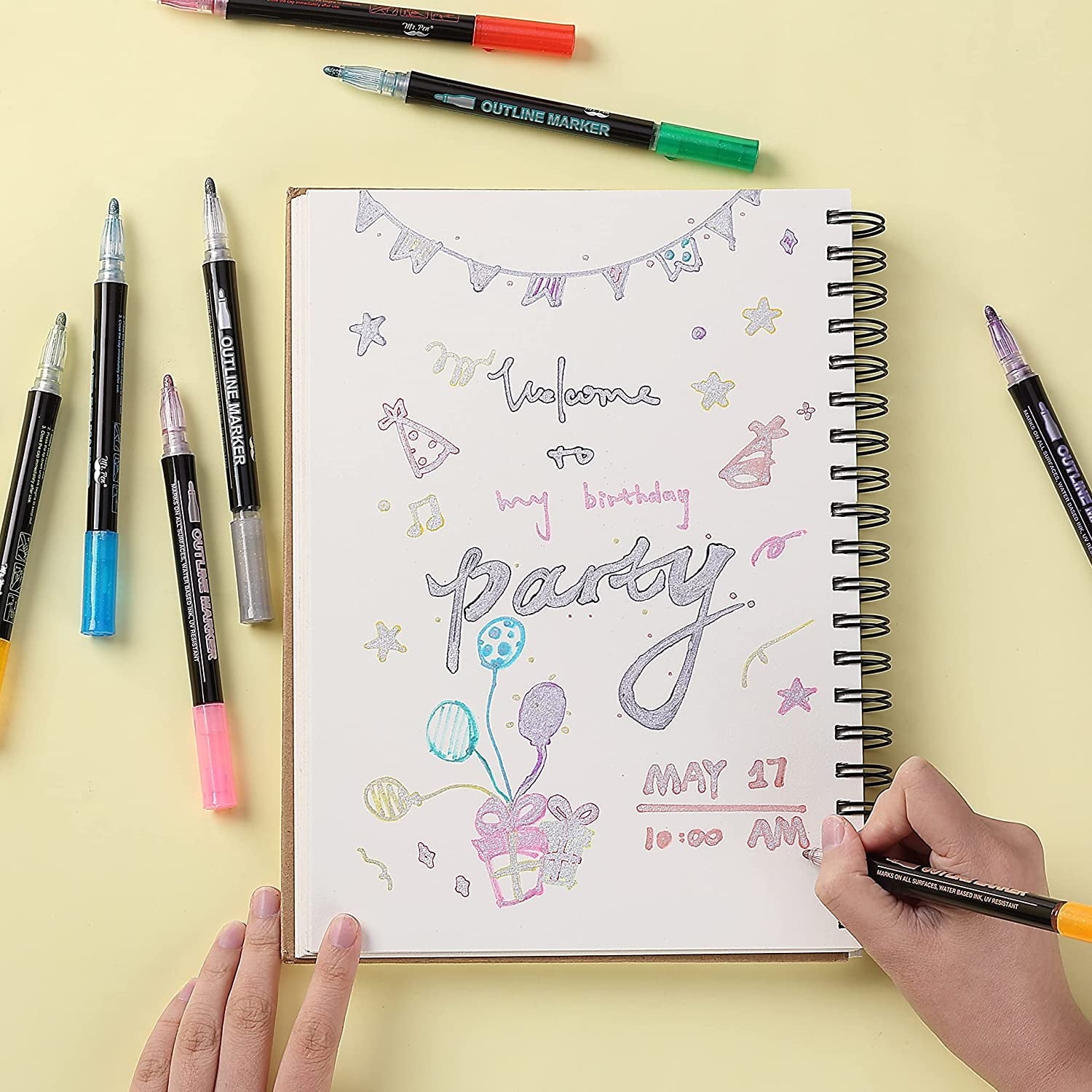Double Line Outline Markers, 10 Colors, Shimmer Markers, Outline Markers Self-Outline Metallic Markers for All Ages - Image 2