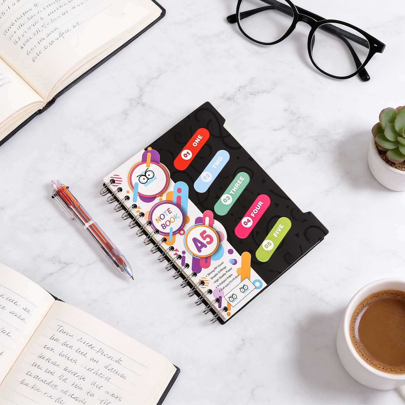 Spiral Notebook, 5 Subject College Ruled A5 Notebook with 5 Colored Tabs and 6-in-1 Pen,Black - Image 6