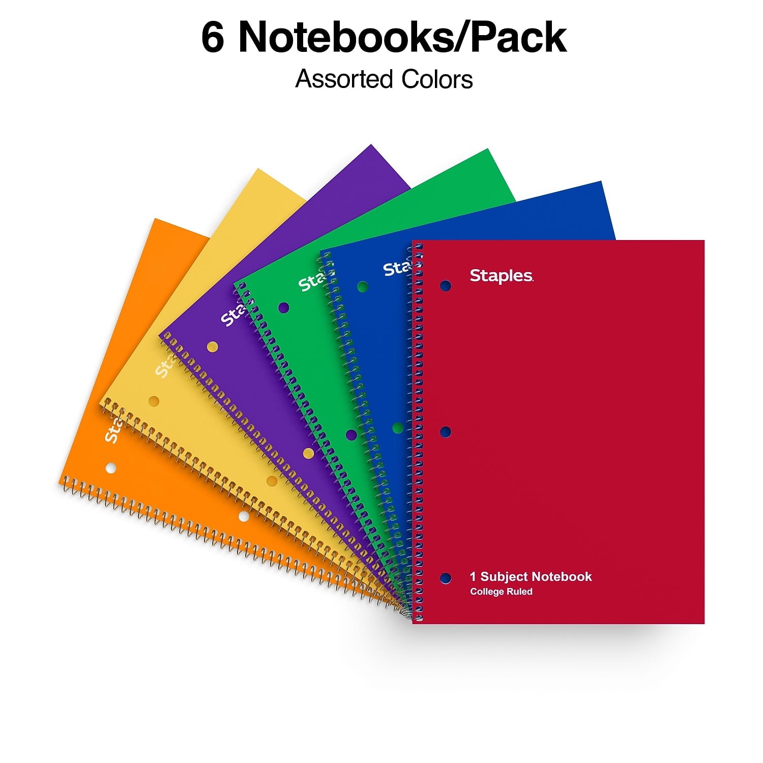 Staples 1-Subject Notebooks 8" x 10.5" College Ruled 70 Sheets Assorted Colors 6/Pack (TR58376) - Image 2
