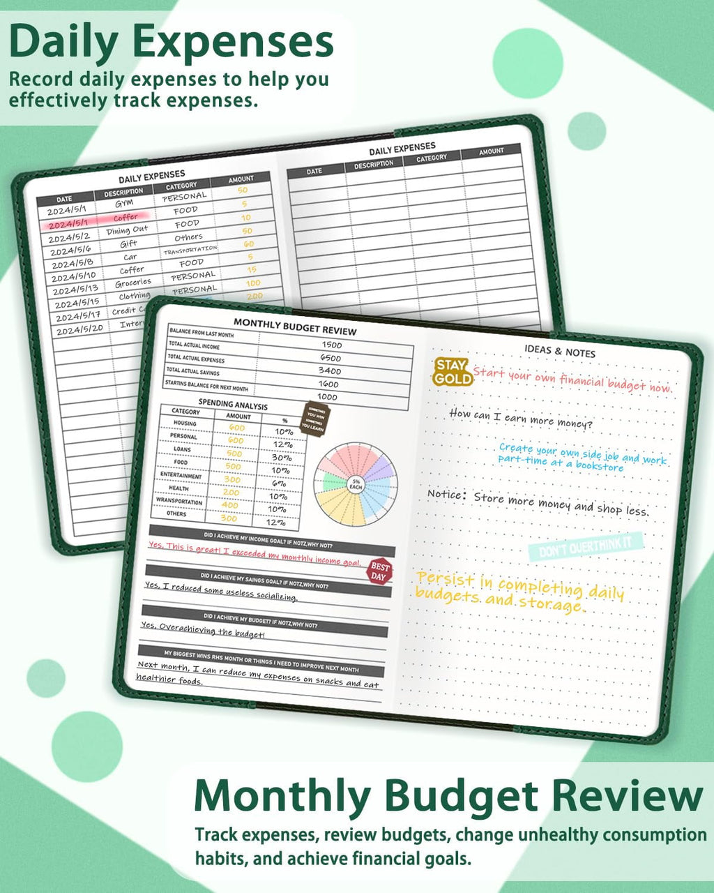 WEMATE Budget Planner - Monthly Budget Book with Lock, Undated Expense Tracker Notebook,Dark Green - Image 6