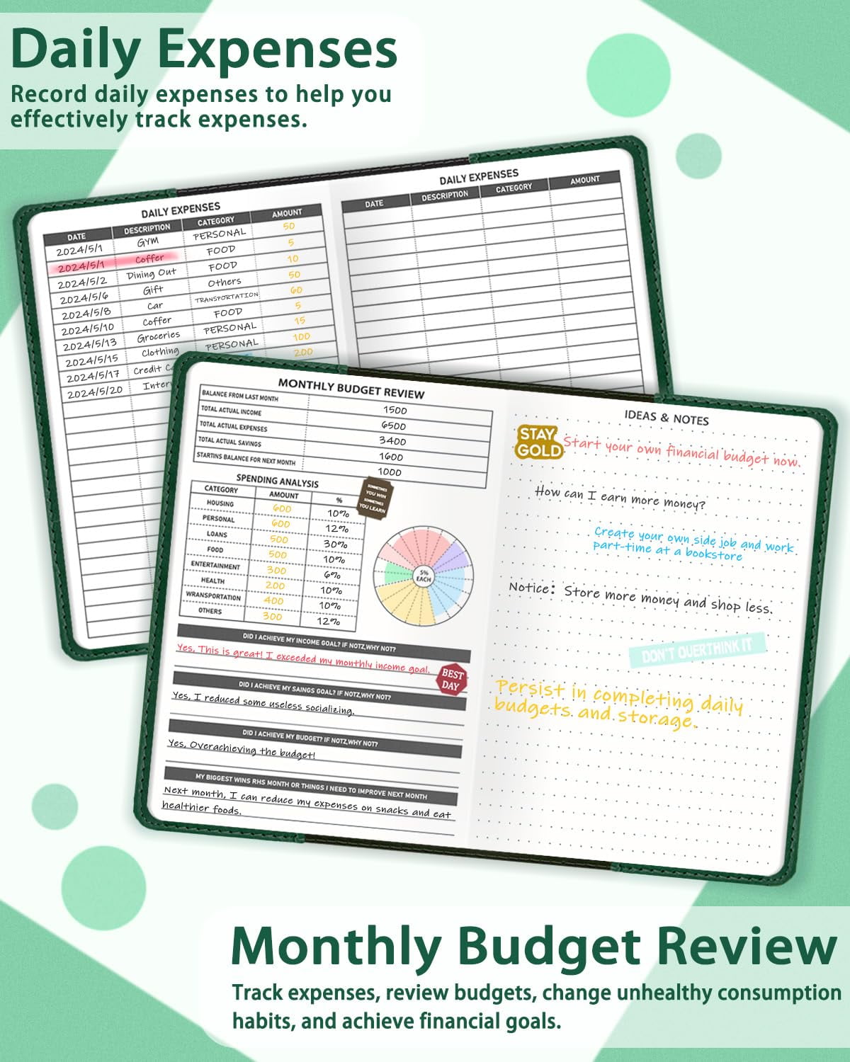 WEMATE Budget Planner - Monthly Budget Book with Lock, Undated Expense Tracker Notebook,Dark Green - Image 6