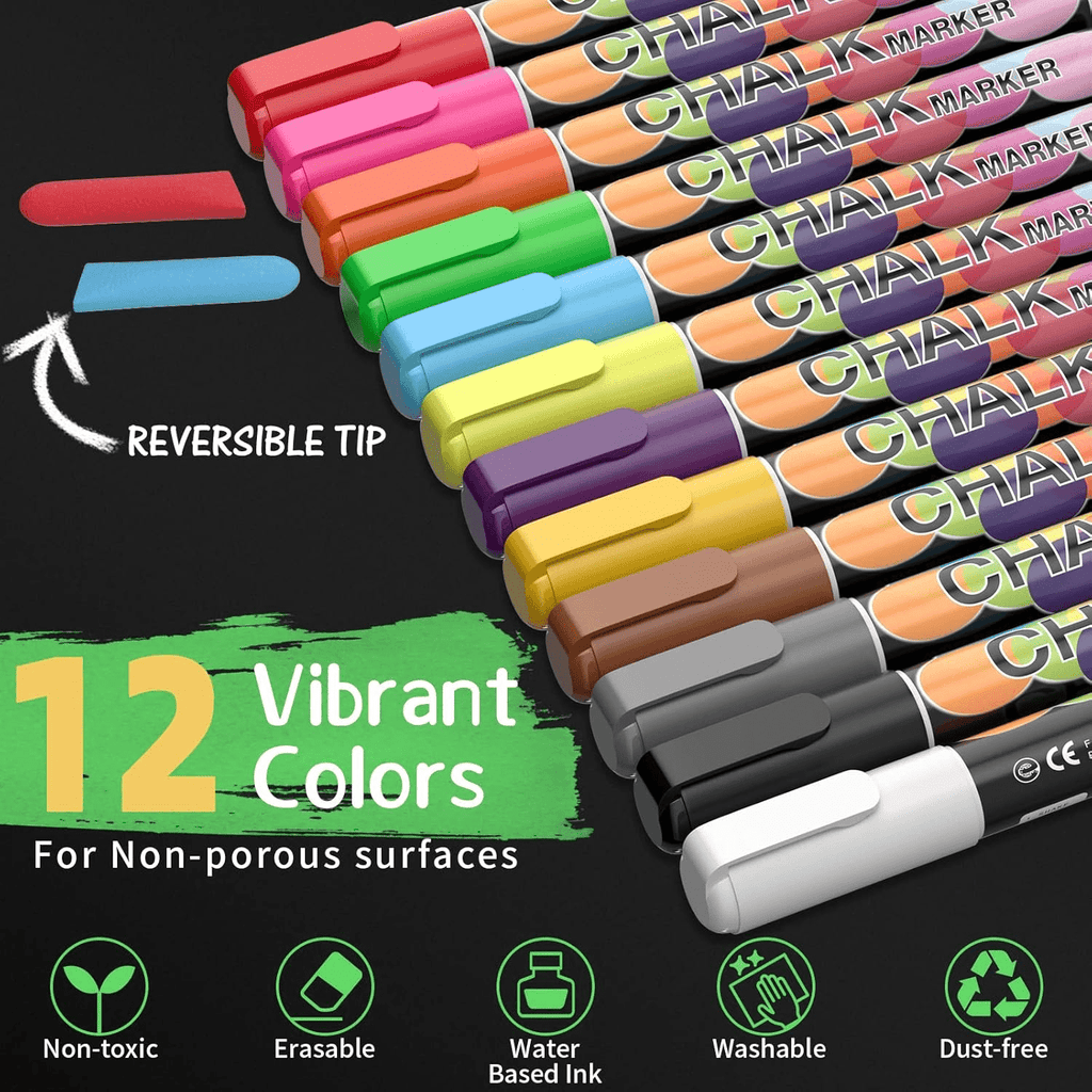 Liquid Chalk Markers Pens,12 Colors Washable & Wet Erase Neon Chalk Makers for Blackboard,Chalkboard Signs,Glass Wind... - Image 3
