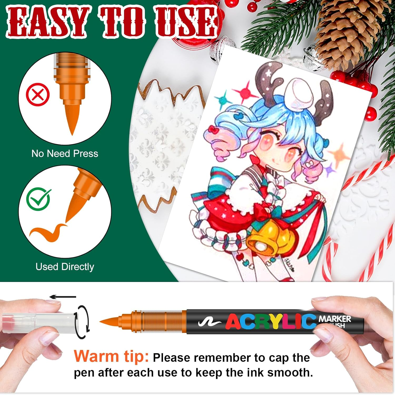 12 Colors Acrylic Paint Markers, Soft Brush Tip Acrylic Paint Pens,Quick-Drying Waterproof Acrylic Markers for Canvas... - Image 3