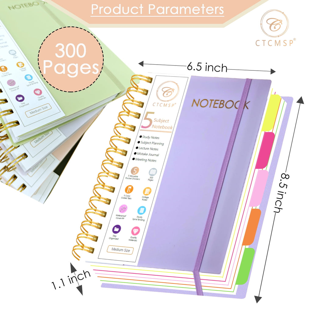 5 Subject Spiral Notebook with Removable Dividers Tabs Hardcover Notebook Journal for Women Men,Perfect for Academic Supplies,College Ruled, - Image 5
