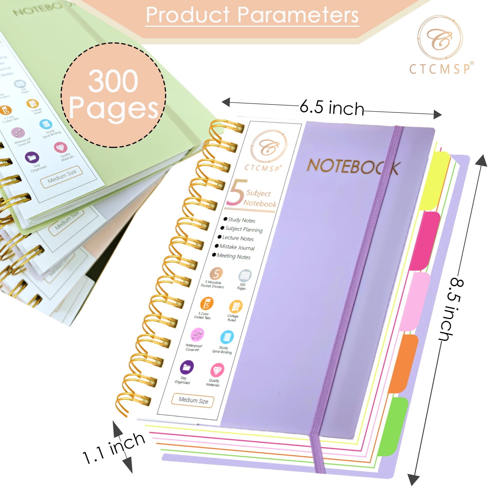 5 Subject Spiral Notebook with Removable Dividers Tabs Hardcover Notebook Journal for Women Men,Perfect for Academic Supplies,College Ruled, - Image 5