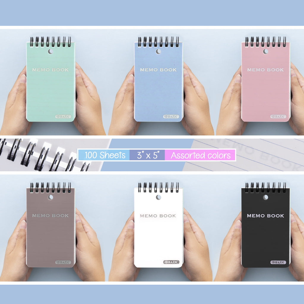 BAZIC Small Notebook Memo Book 3"x5" Spiral Pocket Size Pad, Pastel Color 100 Sheets, 6-Pack - Image 3