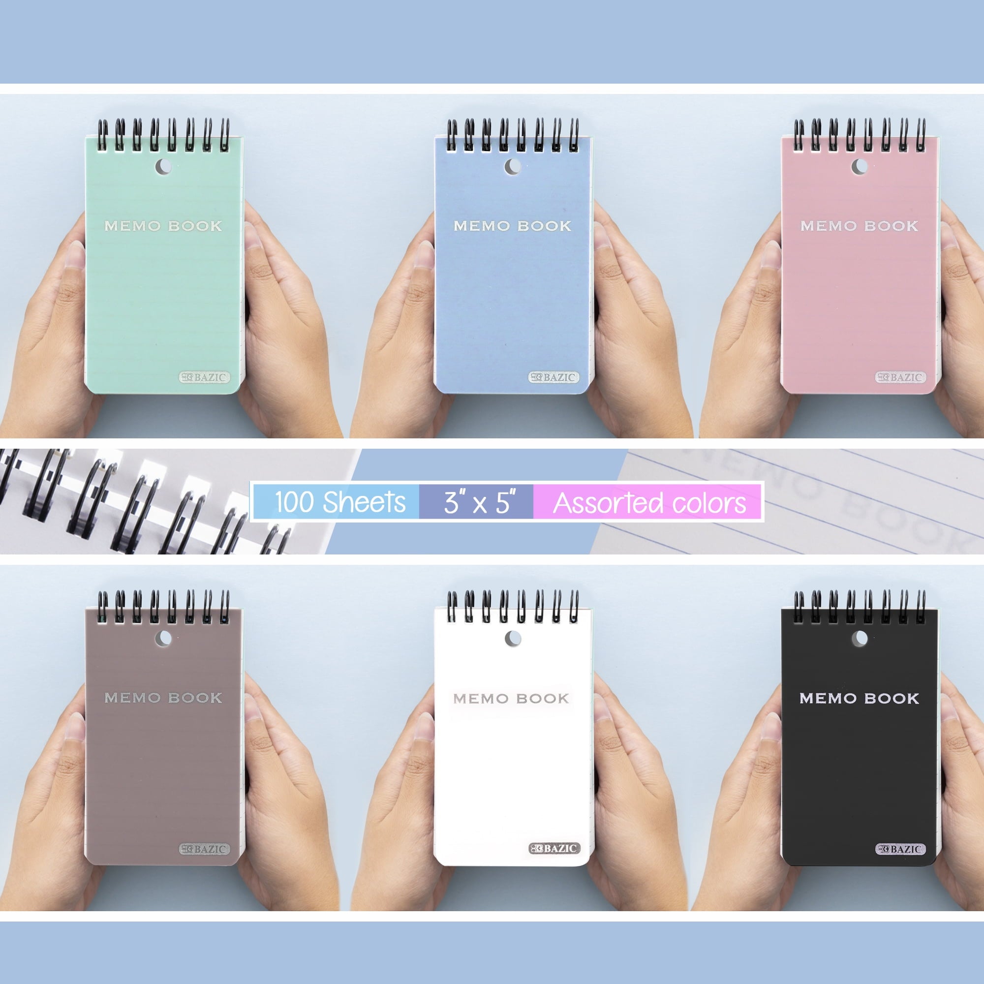 BAZIC Small Notebook Memo Book 3"x5" Spiral Pocket Size Pad, Pastel Color 100 Sheets, 6-Pack - Image 3