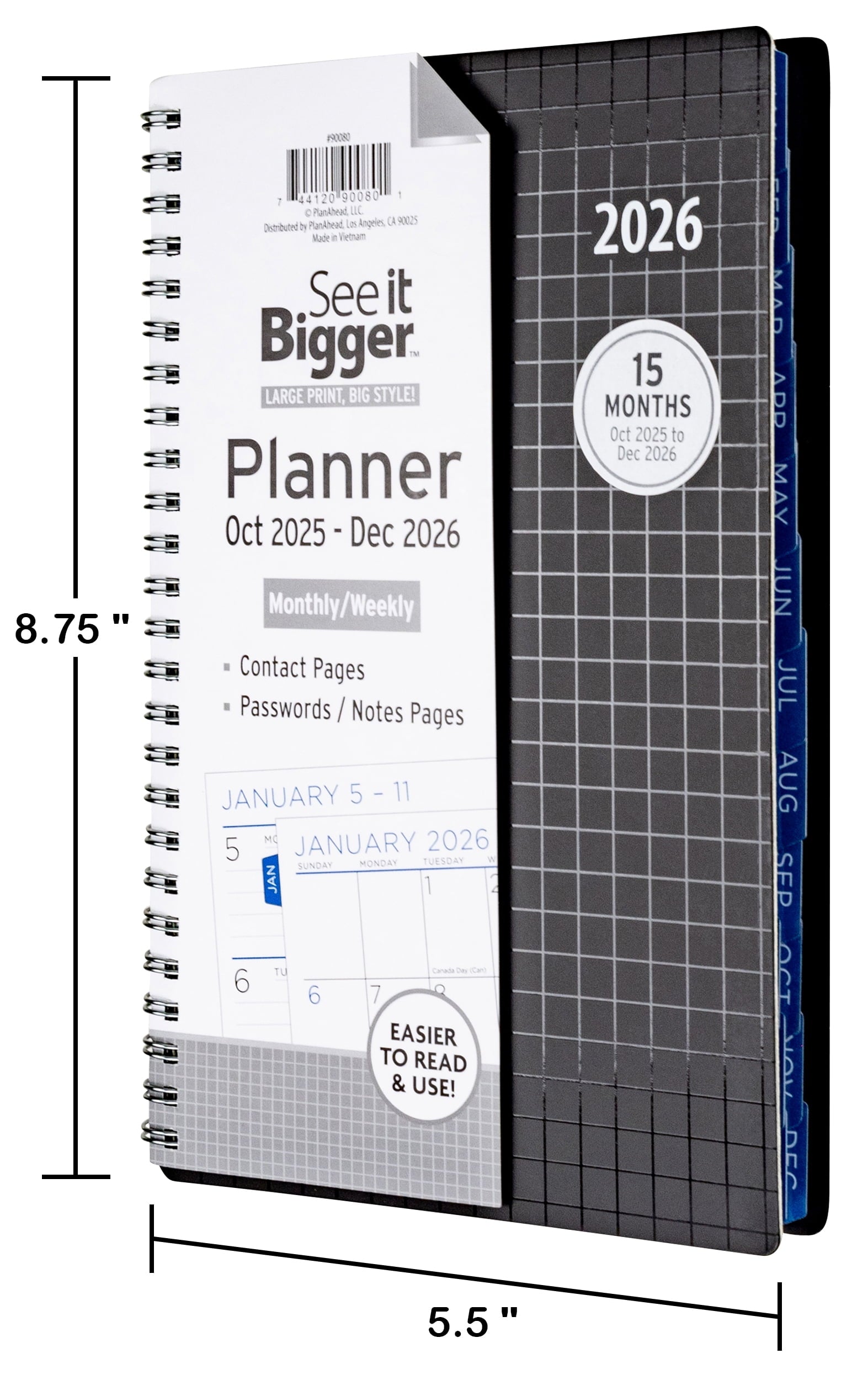 See it Bigger Monthly Weekly Planner Medium (5.5" X 8.75") Black, 15-Month, Oct 2025-Dec 2026 - Image 3