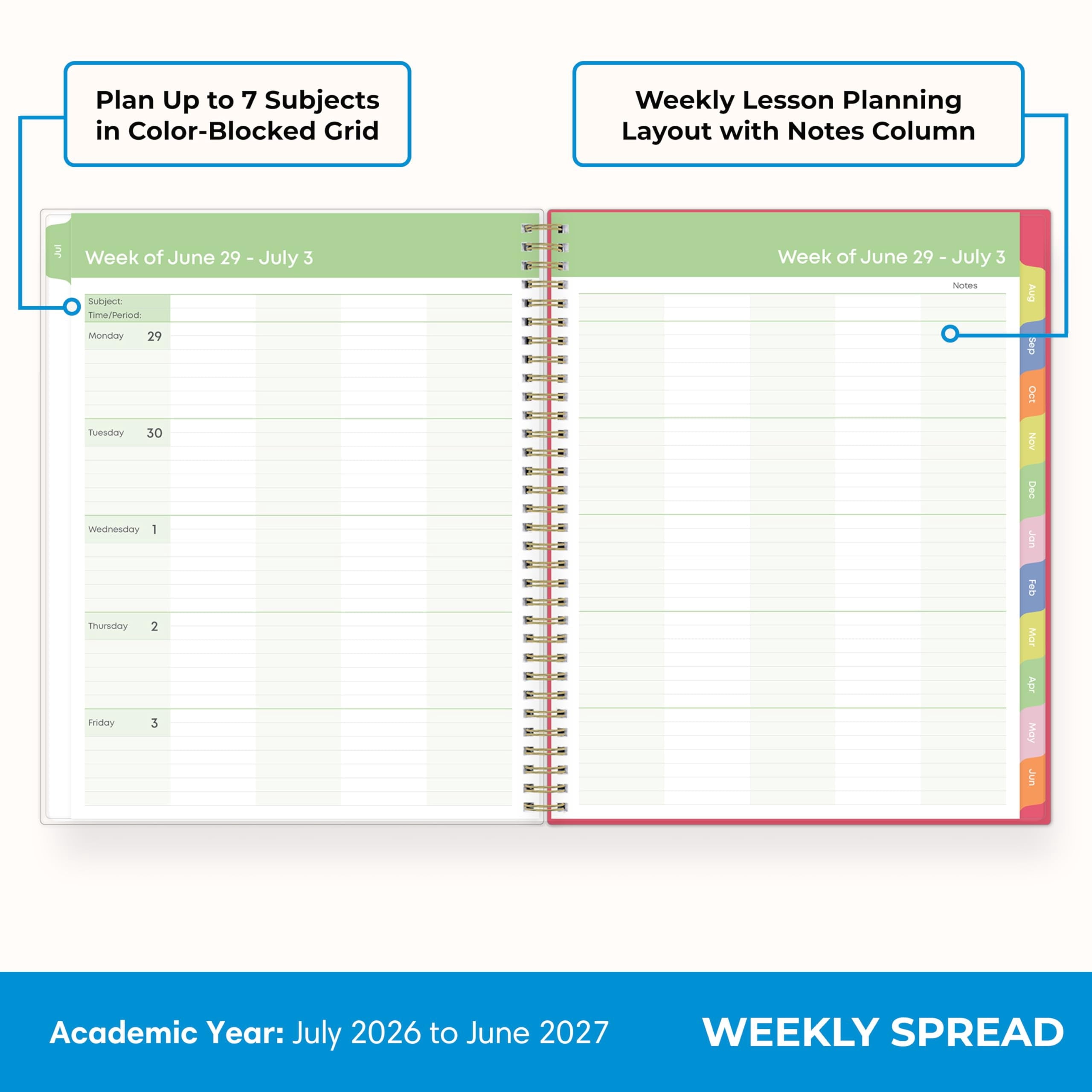Blue Sky 2026-2027 Weekly and Monthly Academic Year Teacher Lesson Planner Calendar, July 2026 - June 2027, 8.5" x 11", Flexible Cover, Wire - Image 3
