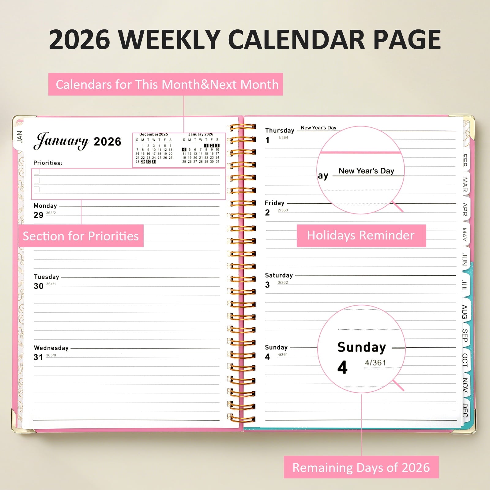 2026 Planner(Jan-Dec.2026,6.3"x8.5"),Annual Weekly Monthly Planner with Calendar Tabs,Agenda Schedule Planner for Sch... - Image 2
