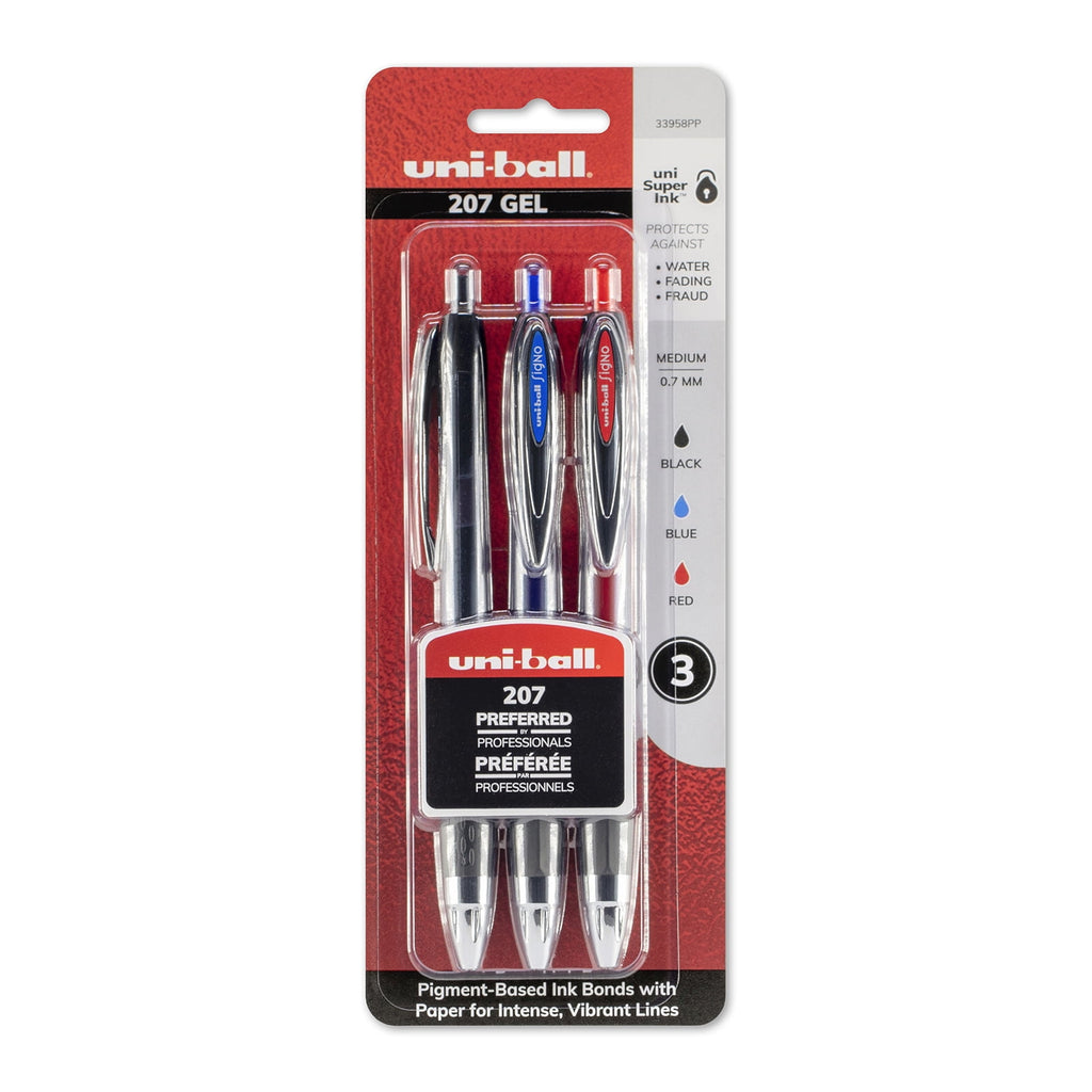 uni-ball 207 Retractable Gel Pen Set, .7mm, 3-Colors