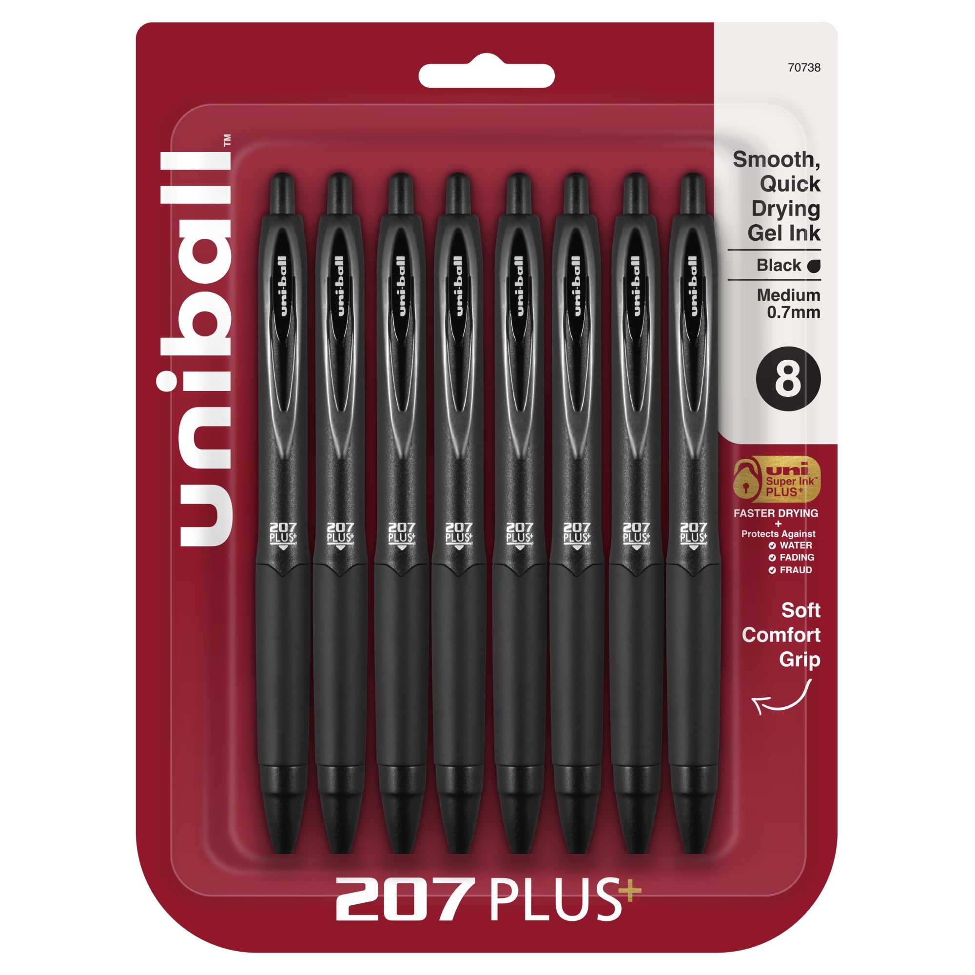 207 Plus+ Retractable Gel Pens, Medium Point (0.7mm), Black, 8 Pack